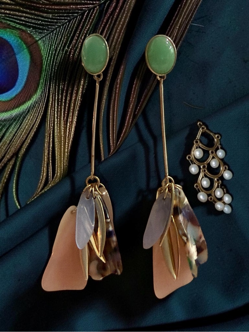 Green Stone and Mixed Shell Drop Earrings